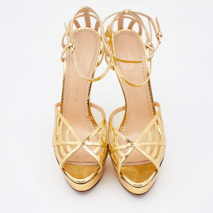 Pre Owned Charlotte Olympia Metallic Gold Patent Leather and Mesh Platform Ankle Strap Sandals Size 41