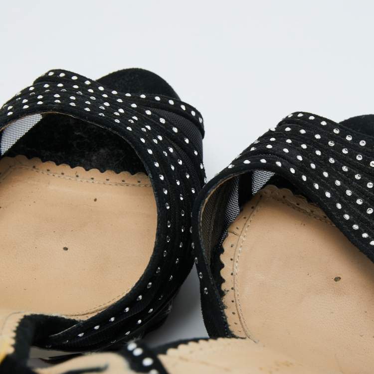 Pre Owned Charlotte Olympia Black Suede and Mesh Cactus Crystal Studded Ankle Strap Platform Sandals Size 40