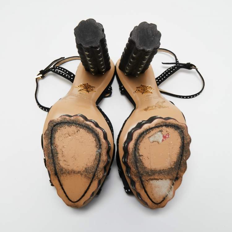 Pre Owned Charlotte Olympia Black Suede and Mesh Cactus Crystal Studded Ankle Strap Platform Sandals Size 40
