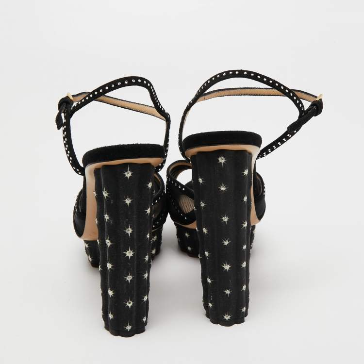 Pre Owned Charlotte Olympia Black Suede and Mesh Cactus Crystal Studded Ankle Strap Platform Sandals Size 40