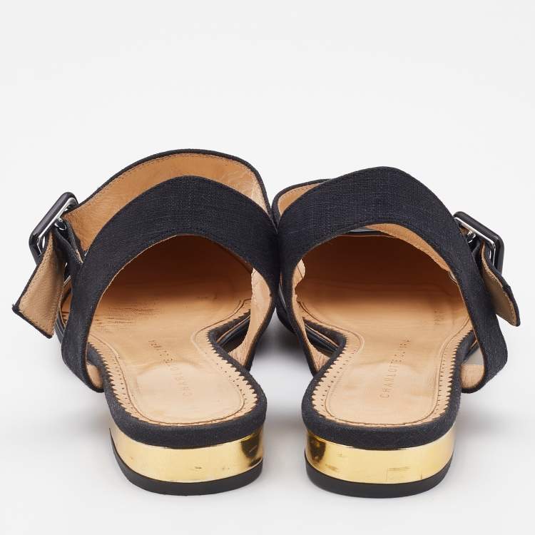 Pre Owned Charlotte Olympia Black Canvas Pointed Toe Ankle Strap Flats Size 38.5