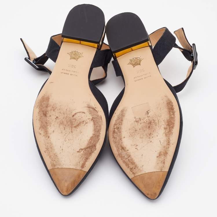 Pre Owned Charlotte Olympia Black Canvas Pointed Toe Ankle Strap Flats Size 38.5