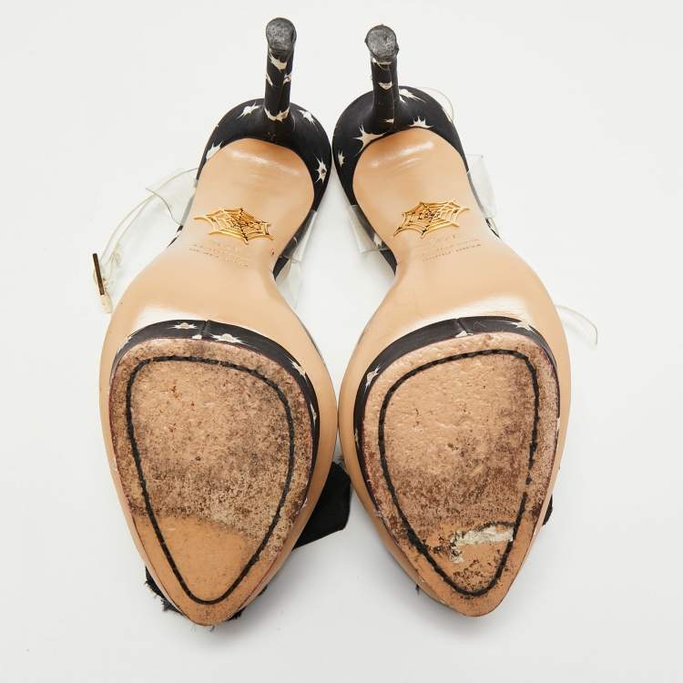 Pre Owned Charlotte Olympia Black PVC And Satin Pomoline Pom Pom Platform Sandals Size 37.5 
