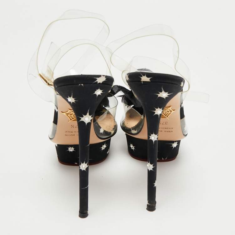 Pre Owned Charlotte Olympia Black PVC And Satin Pomoline Pom Pom Platform Sandals Size 37.5 