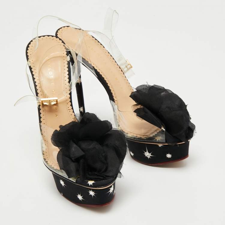 Pre Owned Charlotte Olympia Black PVC And Satin Pomoline Pom Pom Platform Sandals Size 37.5 