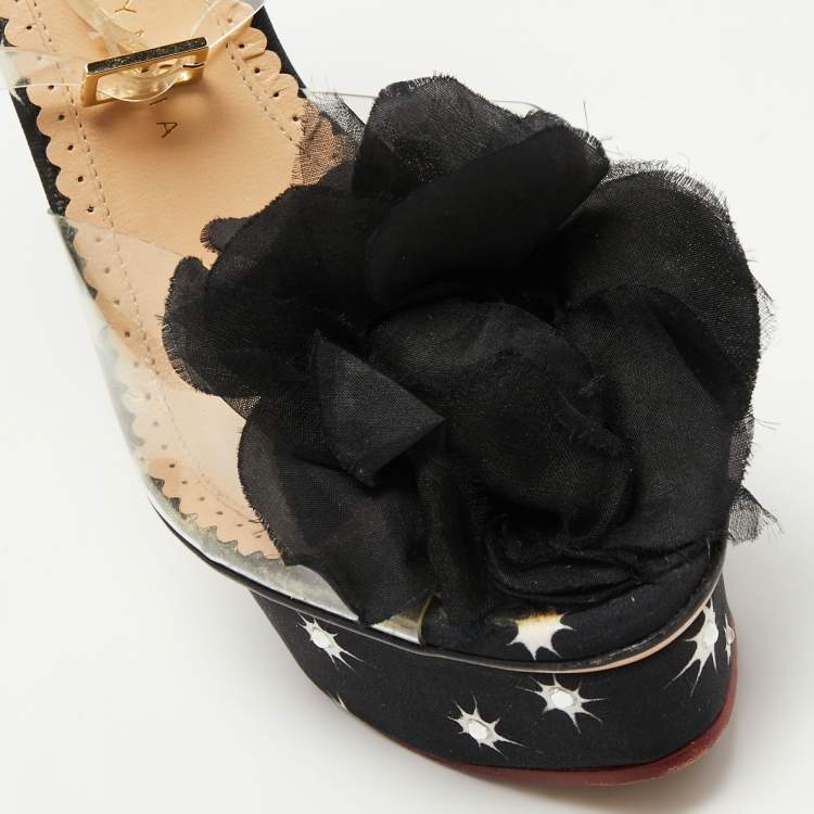Pre Owned Charlotte Olympia Black PVC And Satin Pomoline Pom Pom Platform Sandals Size 37.5 