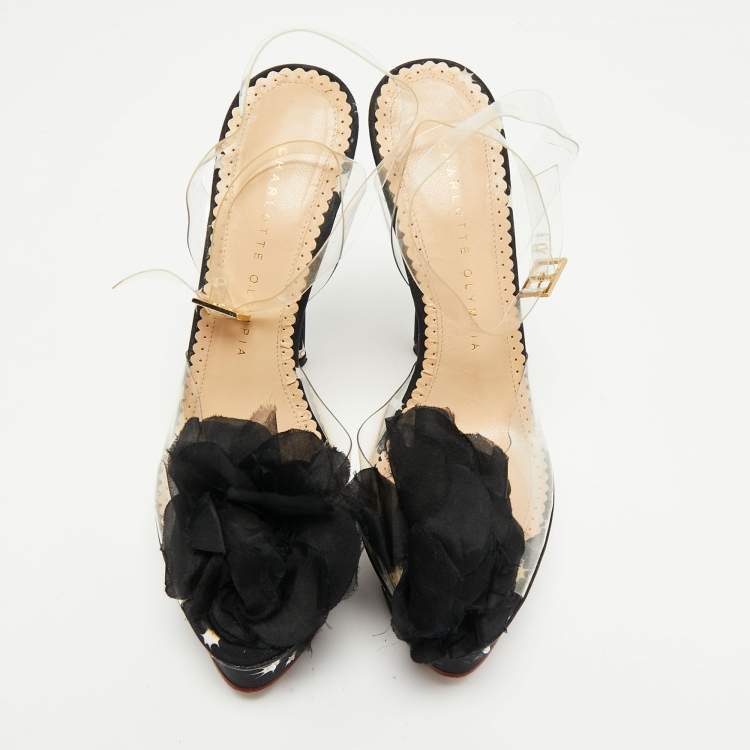 Pre Owned Charlotte Olympia Black PVC And Satin Pomoline Pom Pom Platform Sandals Size 37.5 