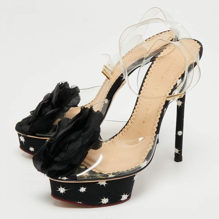 Pre Owned Charlotte Olympia Black PVC And Satin Pomoline Pom Pom Platform Sandals Size 37.5 