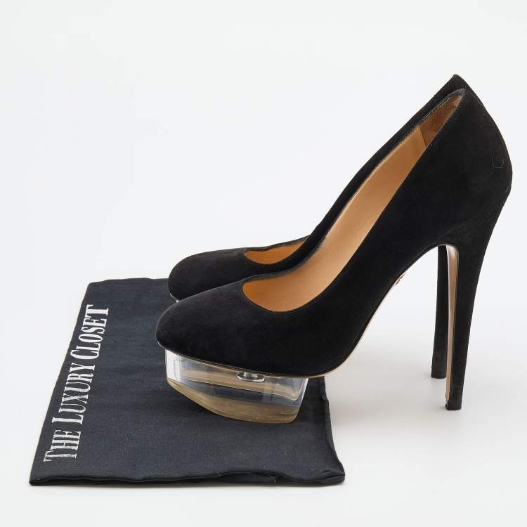 Pre Owned Charlotte Olympia Black Suede Dolly Platform Pumps Size 38
