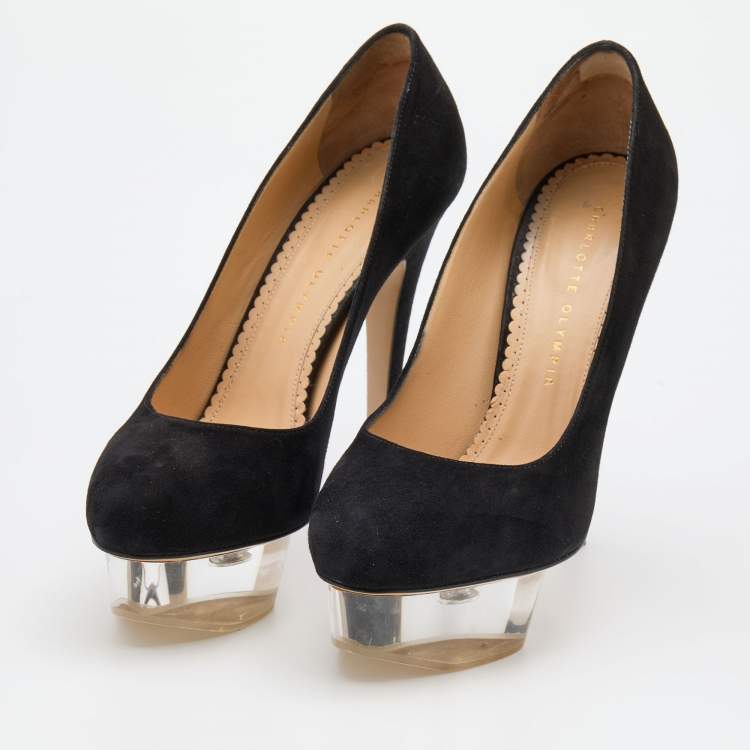 Pre Owned Charlotte Olympia Black Suede Dolly Platform Pumps Size 38