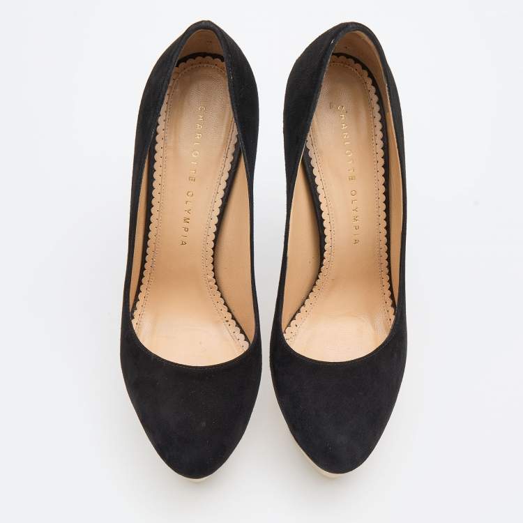 Pre Owned Charlotte Olympia Black Suede Dolly Platform Pumps Size 38