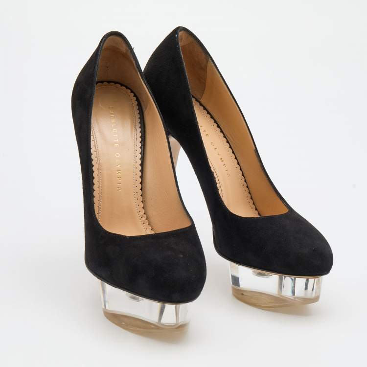 Pre Owned Charlotte Olympia Black Suede Dolly Platform Pumps Size 38
