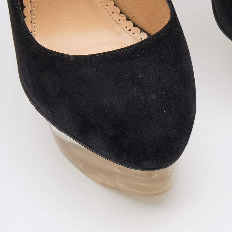 Pre Owned Charlotte Olympia Black Suede Dolly Platform Pumps Size 38