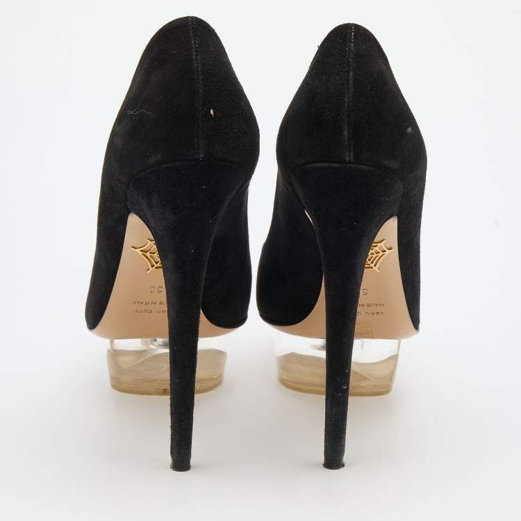 Pre Owned Charlotte Olympia Black Suede Dolly Platform Pumps Size 38