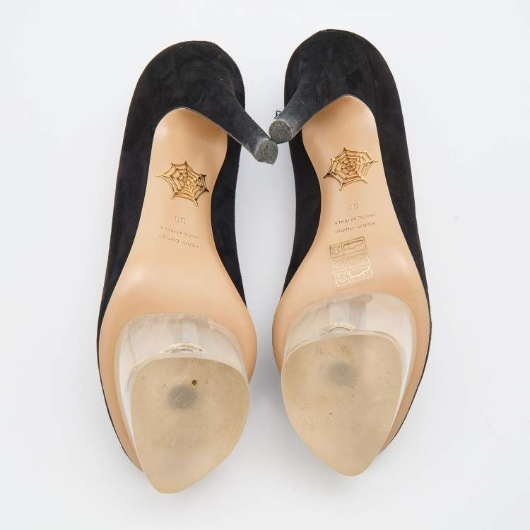 Pre Owned Charlotte Olympia Black Suede Dolly Platform Pumps Size 38