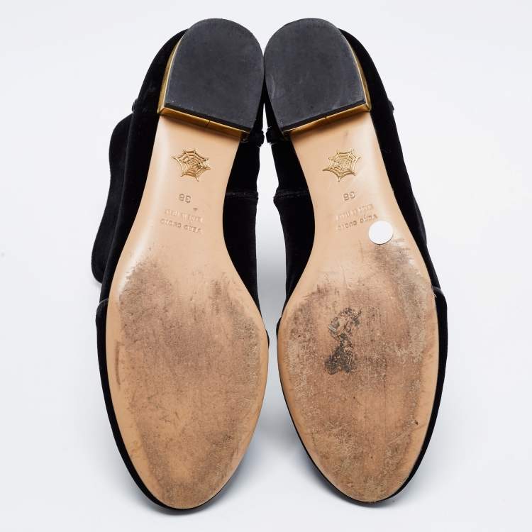 Pre Owned Charlotte Olympia Black Velvet Cat Embroidered Ankle Boots Size 38