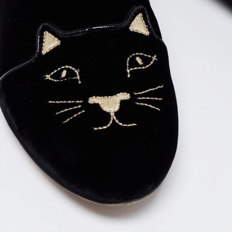 Pre Owned Charlotte Olympia Black Velvet Cat Embroidered Ankle Boots Size 38