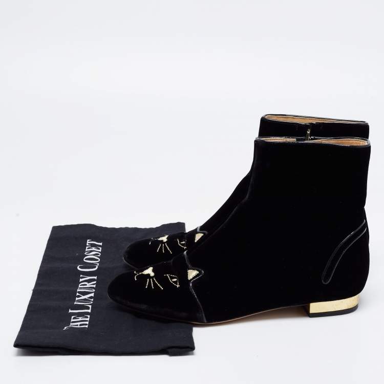 Pre Owned Charlotte Olympia Black Velvet Cat Embroidered Ankle Boots Size 38