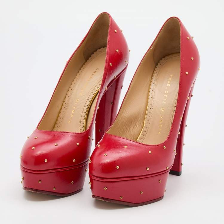 Pre Owned Charlotte Olympia Red Leather Studded Block Heel Platform Pumps Size 37