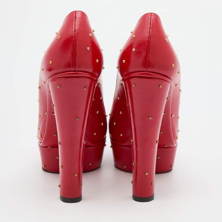Pre Owned Charlotte Olympia Red Leather Studded Block Heel Platform Pumps Size 37