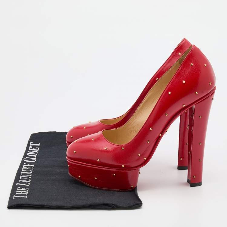 Pre Owned Charlotte Olympia Red Leather Studded Block Heel Platform Pumps Size 37