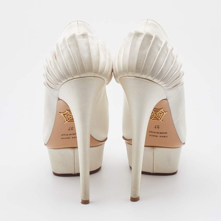 Pre Owned Charlotte Olympia White Satin Paloma Platform Pumps Size 37