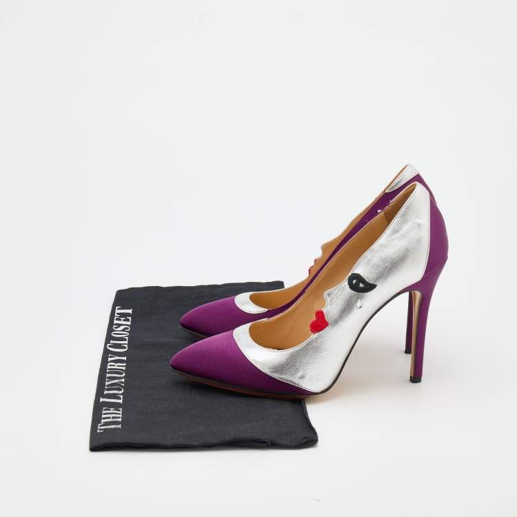 Pre Owned Charlotte Olympia Purple/Silver Satin And Leather Luna Eclipse Pumps Size 39
