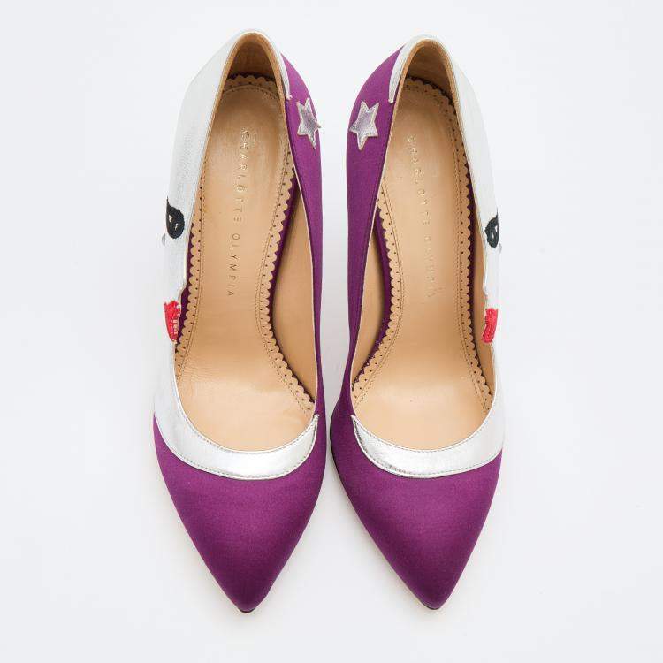 Pre Owned Charlotte Olympia Purple/Silver Satin And Leather Luna Eclipse Pumps Size 39