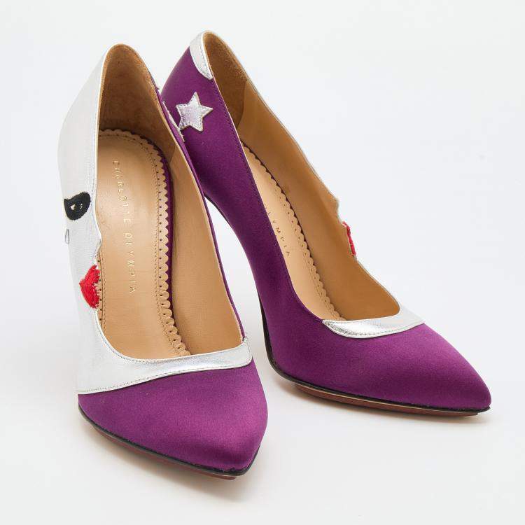 Pre Owned Charlotte Olympia Purple/Silver Satin And Leather Luna Eclipse Pumps Size 39