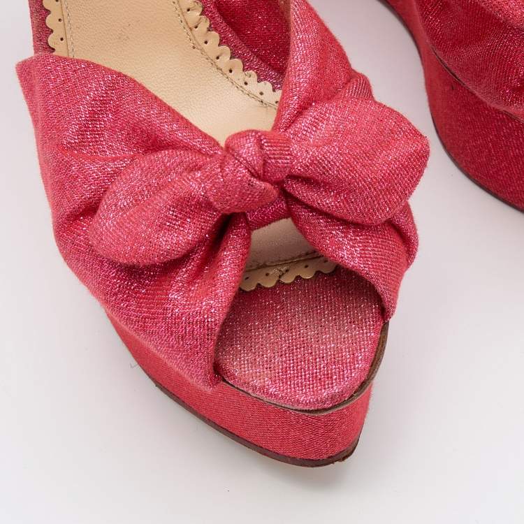 Pre Owned Charlotte Olympia Pink Glitter Fabric Velour Wedge Platform Sandals Size 39