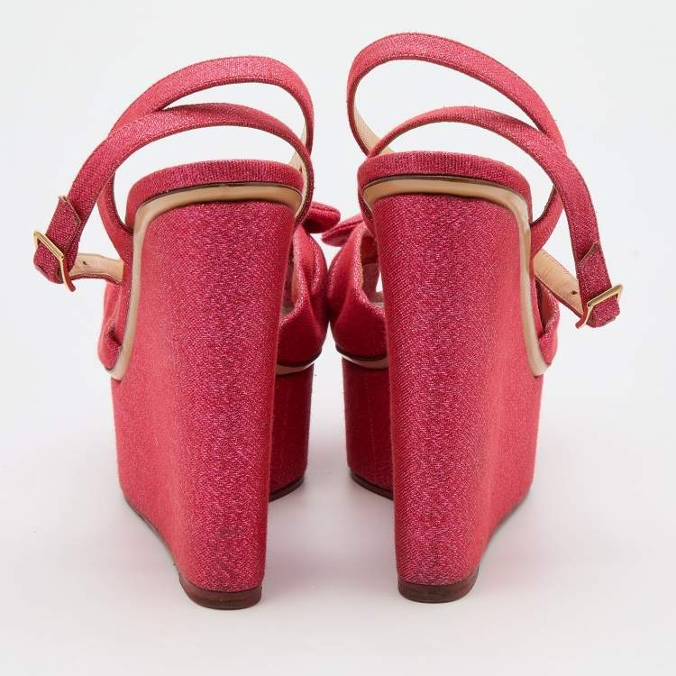 Pre Owned Charlotte Olympia Pink Glitter Fabric Velour Wedge Platform Sandals Size 39