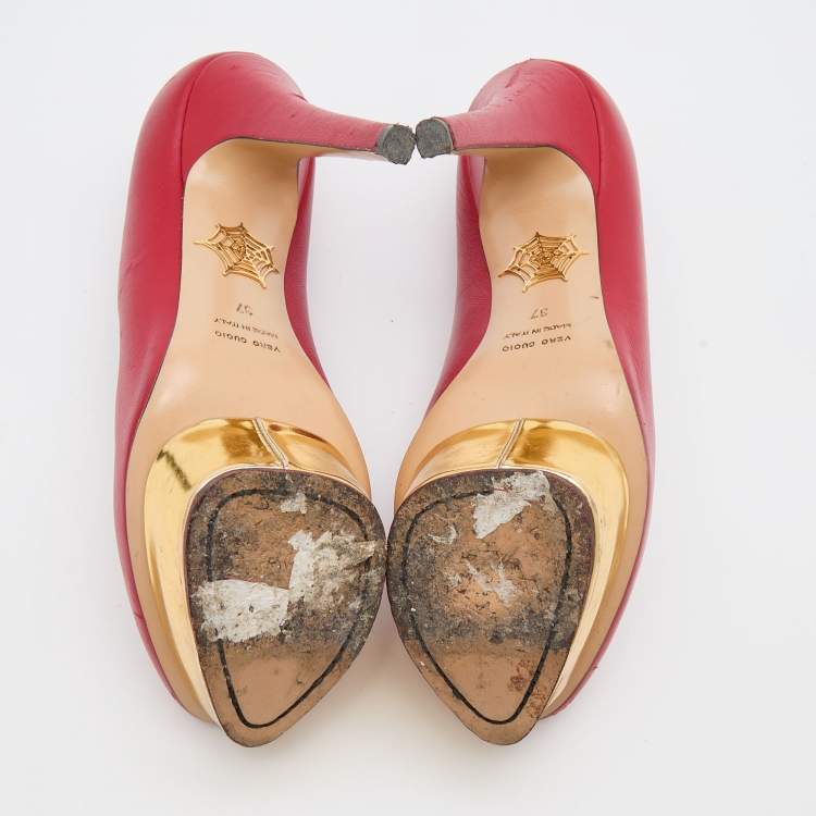 Pre Owned Charlotte Olympia Red Leather Dolly Platform Pumps Size 37