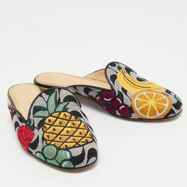 Pre Owned Charlotte Olympia Multicolor Fruits Embroidered Fabric Flat Mules Size 36.5