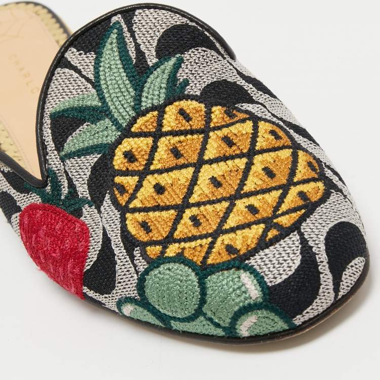 Pre Owned Charlotte Olympia Multicolor Fruits Embroidered Fabric Flat Mules Size 36.5