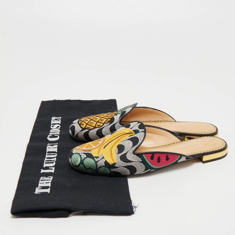Pre Owned Charlotte Olympia Multicolor Fruits Embroidered Fabric Flat Mules Size 36.5