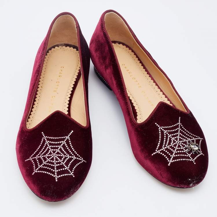 Pre Owned Charlotte Olympia Burgundy Velvet Spider Ballet Flats Size 36