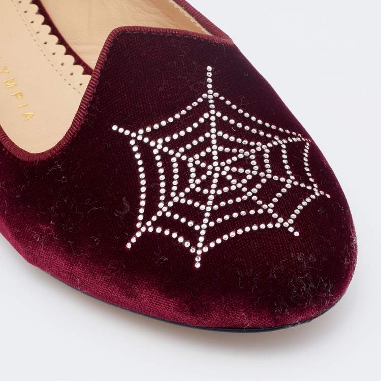 Pre Owned Charlotte Olympia Burgundy Velvet Spider Ballet Flats Size 36