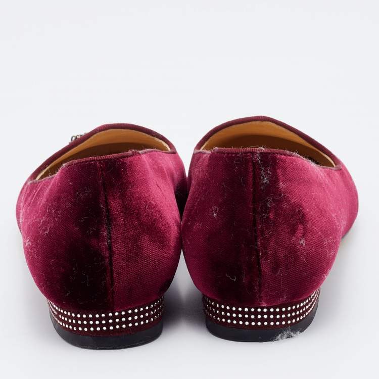 Pre Owned Charlotte Olympia Burgundy Velvet Spider Ballet Flats Size 36