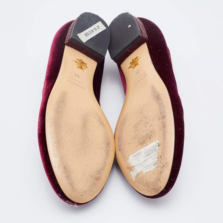 Pre Owned Charlotte Olympia Burgundy Velvet Spider Ballet Flats Size 36
