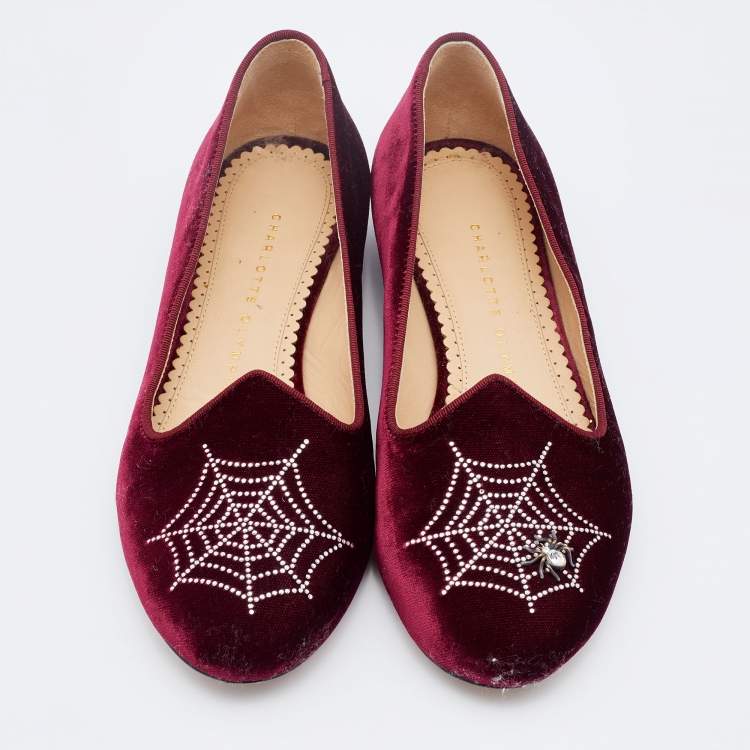 Pre Owned Charlotte Olympia Burgundy Velvet Spider Ballet Flats Size 36