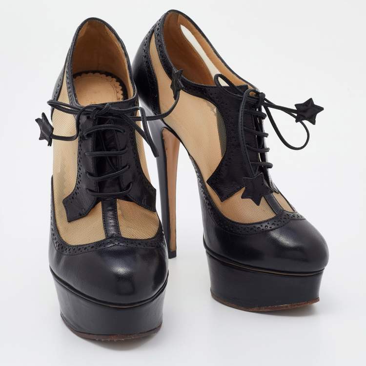 مملوكة مسبقًا Charlotte Olympia Black Mesh and Leather Platform Ankle Booties Size 36
