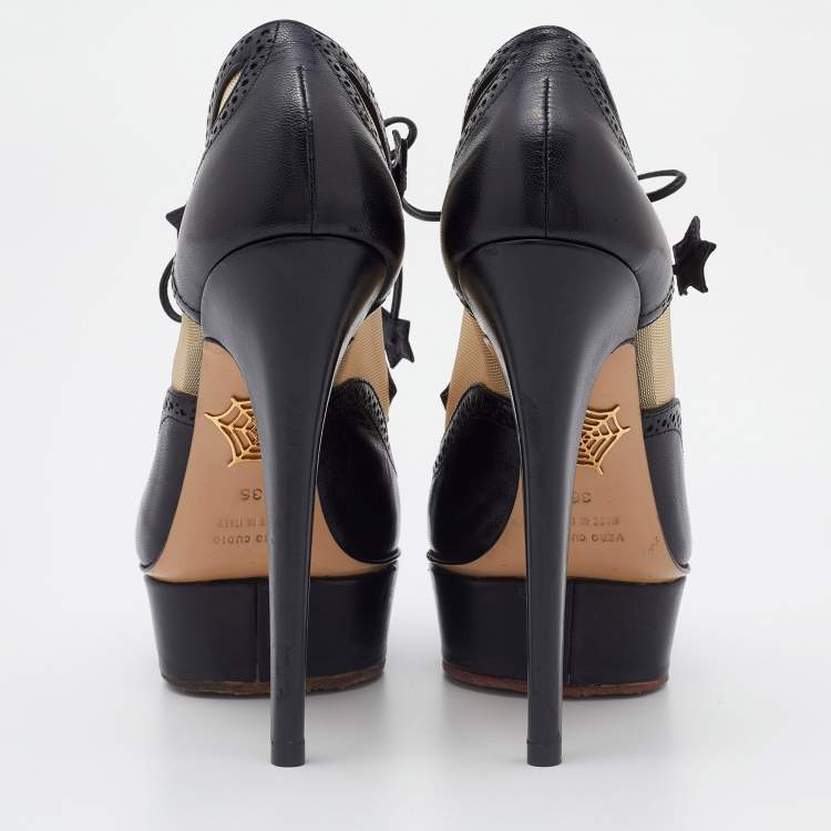 مملوكة مسبقًا Charlotte Olympia Black Mesh and Leather Platform Ankle Booties Size 36