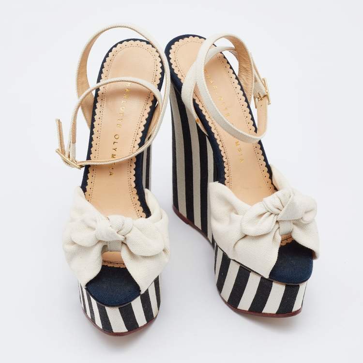 Pre Owned Charlotte Olympia White Canvas Bow Wedge Platform Ankle Strap Sandals Size 36