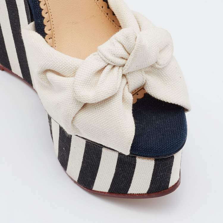 Pre Owned Charlotte Olympia White Canvas Bow Wedge Platform Ankle Strap Sandals Size 36