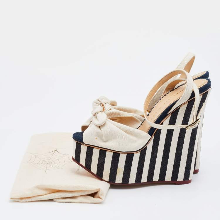 Pre Owned Charlotte Olympia White Canvas Bow Wedge Platform Ankle Strap Sandals Size 36