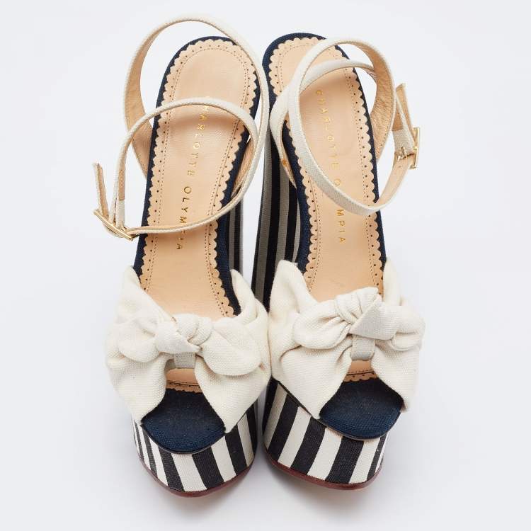 Pre Owned Charlotte Olympia White Canvas Bow Wedge Platform Ankle Strap Sandals Size 36