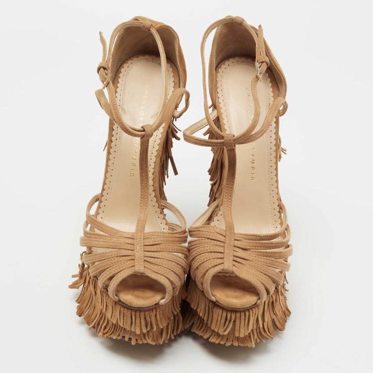 مملوكة مسبقًا Charlotte Olympia Tan Suede Winona Fringe Wedge Sandals Size 39