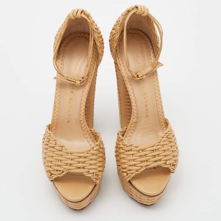 Pre Owned Charlotte Olympia Beige Woven Leather Platform Ankle Strap Sandals Size 35