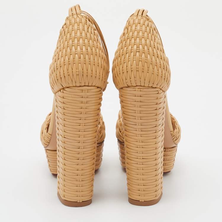 Pre Owned Charlotte Olympia Beige Woven Leather Platform Ankle Strap Sandals Size 35