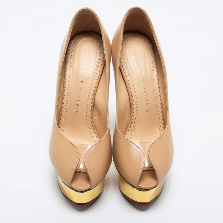 مملوكة مسبقًا Charlotte Olympia Beige Leather Daphne Platform Pumps Size 35